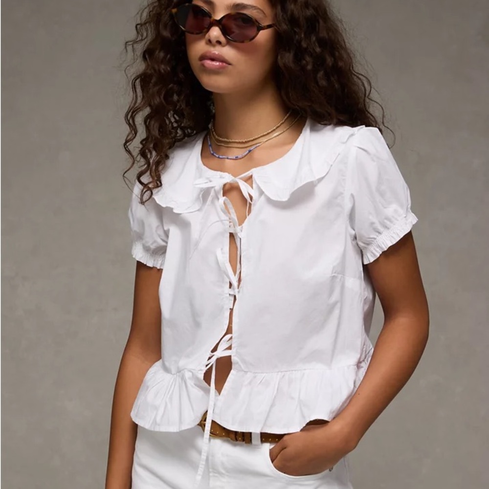 AE Collared Puff Sleeve Tie Front Blouse